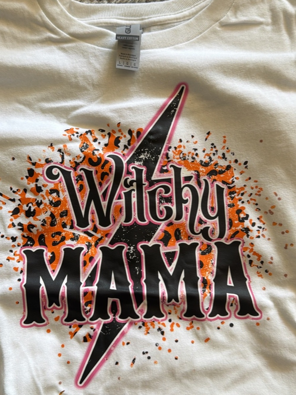 Gildan White Tee with Black, Orange, Pink 'Witchy Mama' Graphic